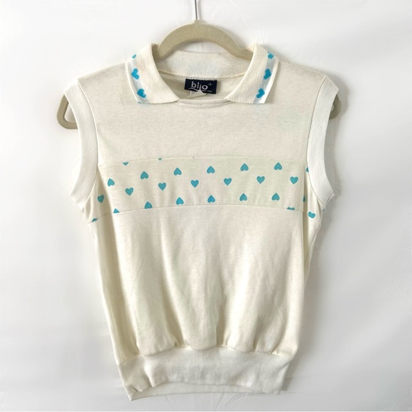 Vintage 90s white collar sleeveless blouse blue hearts cute kawaii small - Picture 3 of 6